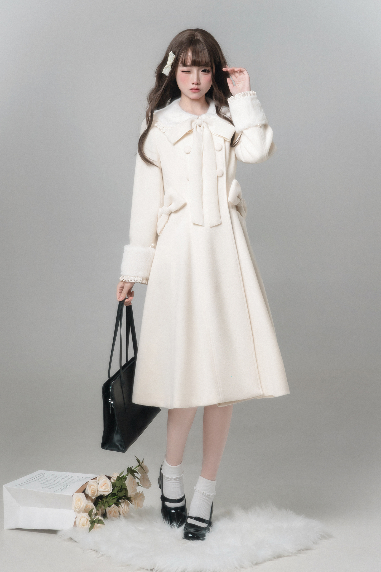 ホワイトスノーロングコート+シャツ+スカート