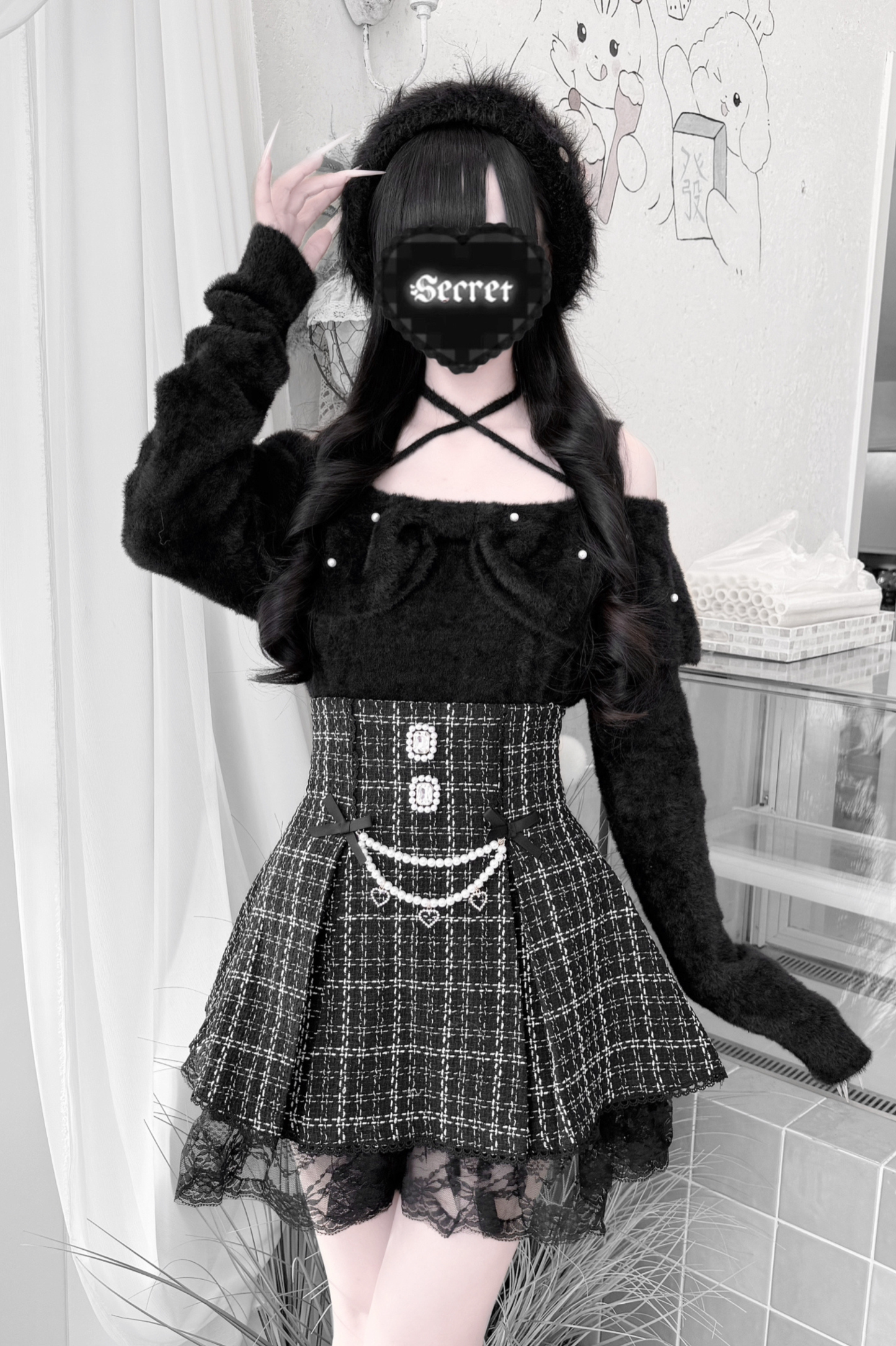 Ribbon mink velvet off-the-shoulder sweater