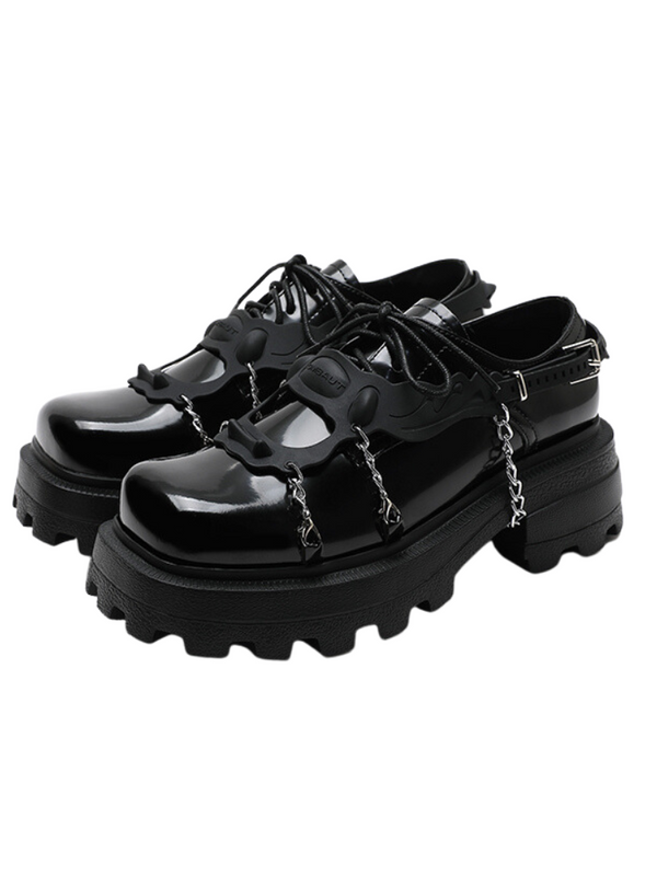 Metal Chain Square Toe Lace Up Muffin Sole Loafer Shoes