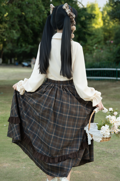 Retro girly check skirt + ruffle blouse