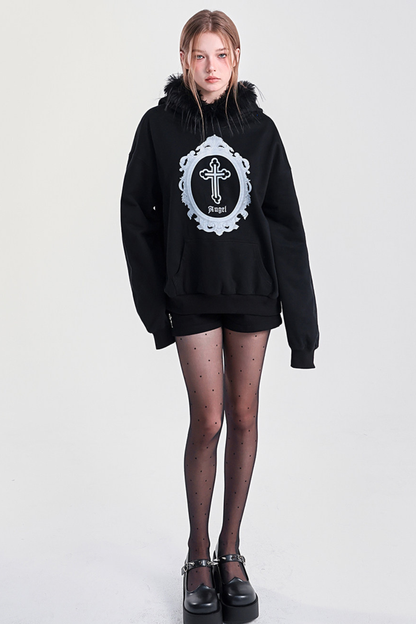 ファーフードモードルーズトップス