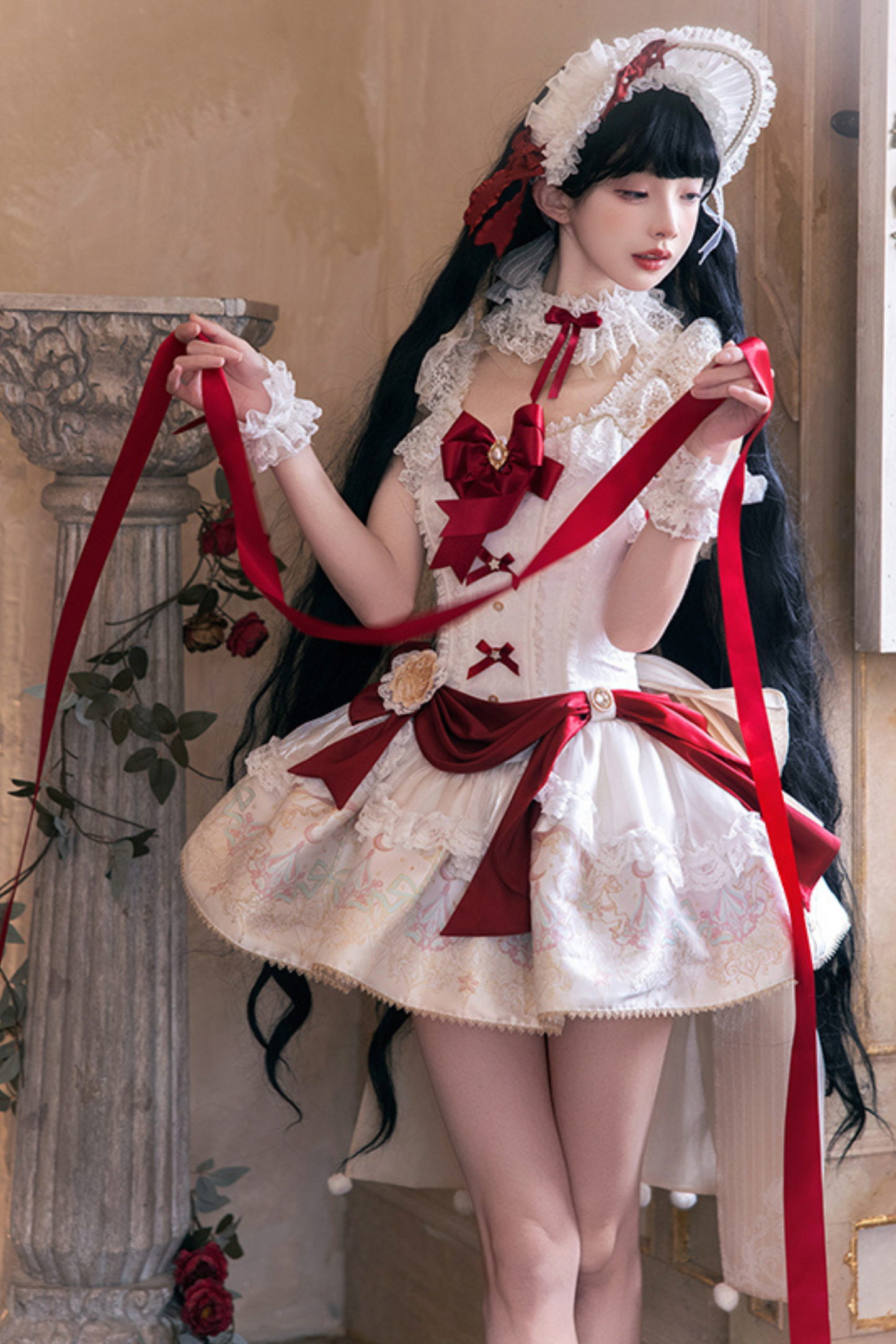 白雪プリンセスロリータドレス+ボンネット+レースチョーカー