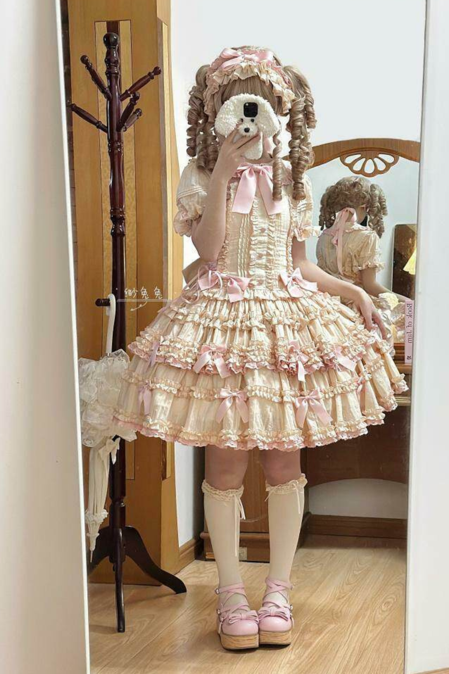 ピュアガールリボンロリータスカート+インナー+ベスト+ヘアバンド+スリーブ