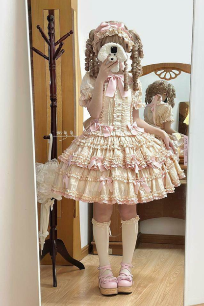 ピュアガールリボンロリータスカート+インナー+ベスト+ヘアバンド+スリーブ