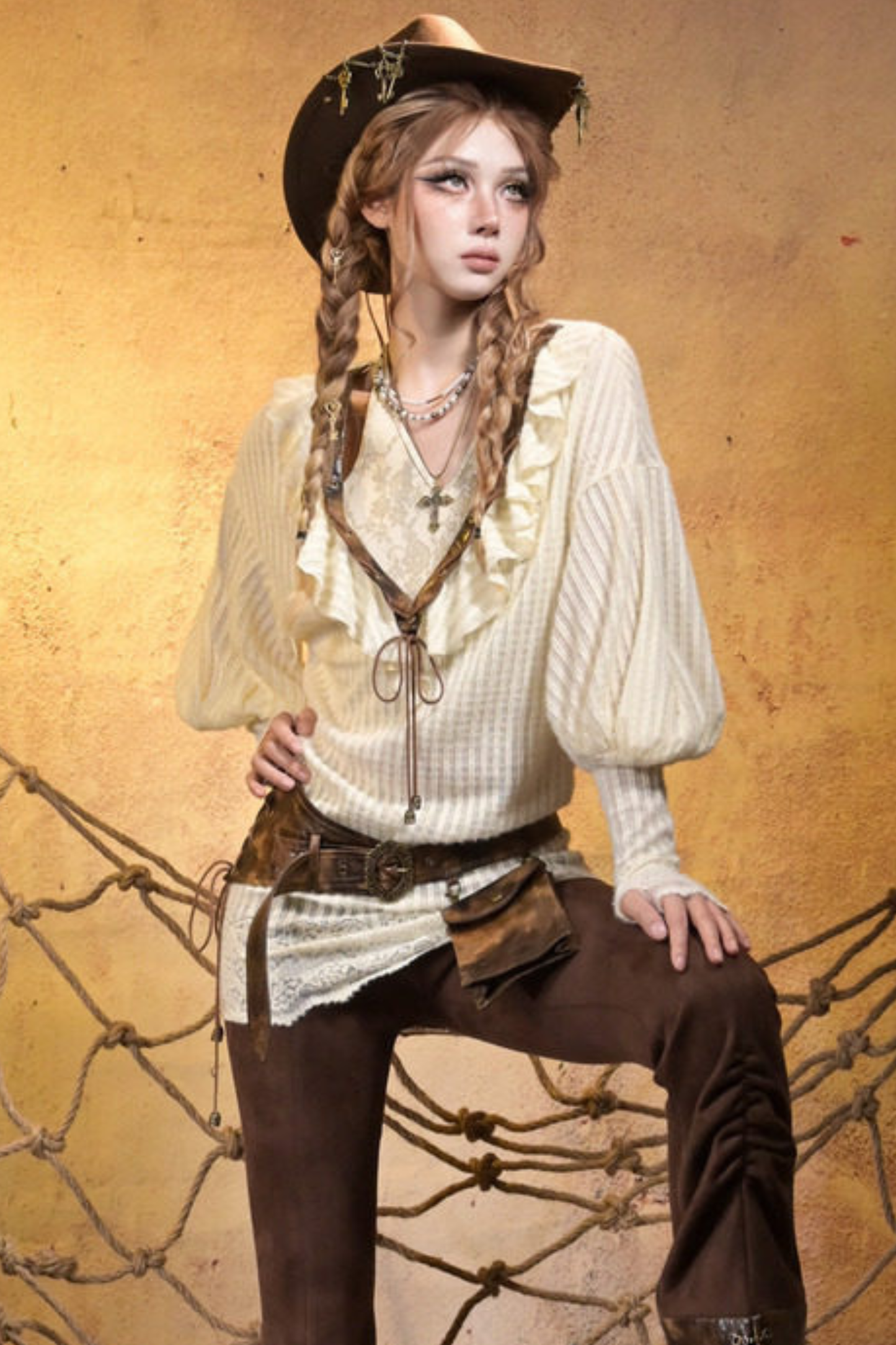 Punk Retro Knitted Top + Sleeveless Top + Belt + Brooch