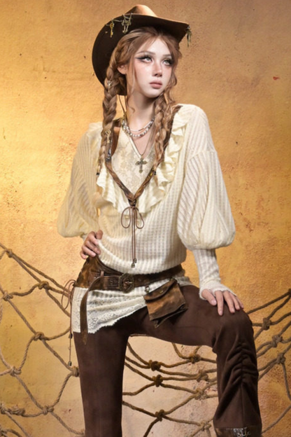 Punk Retro Knitted Top + Sleeveless Top + Belt + Brooch