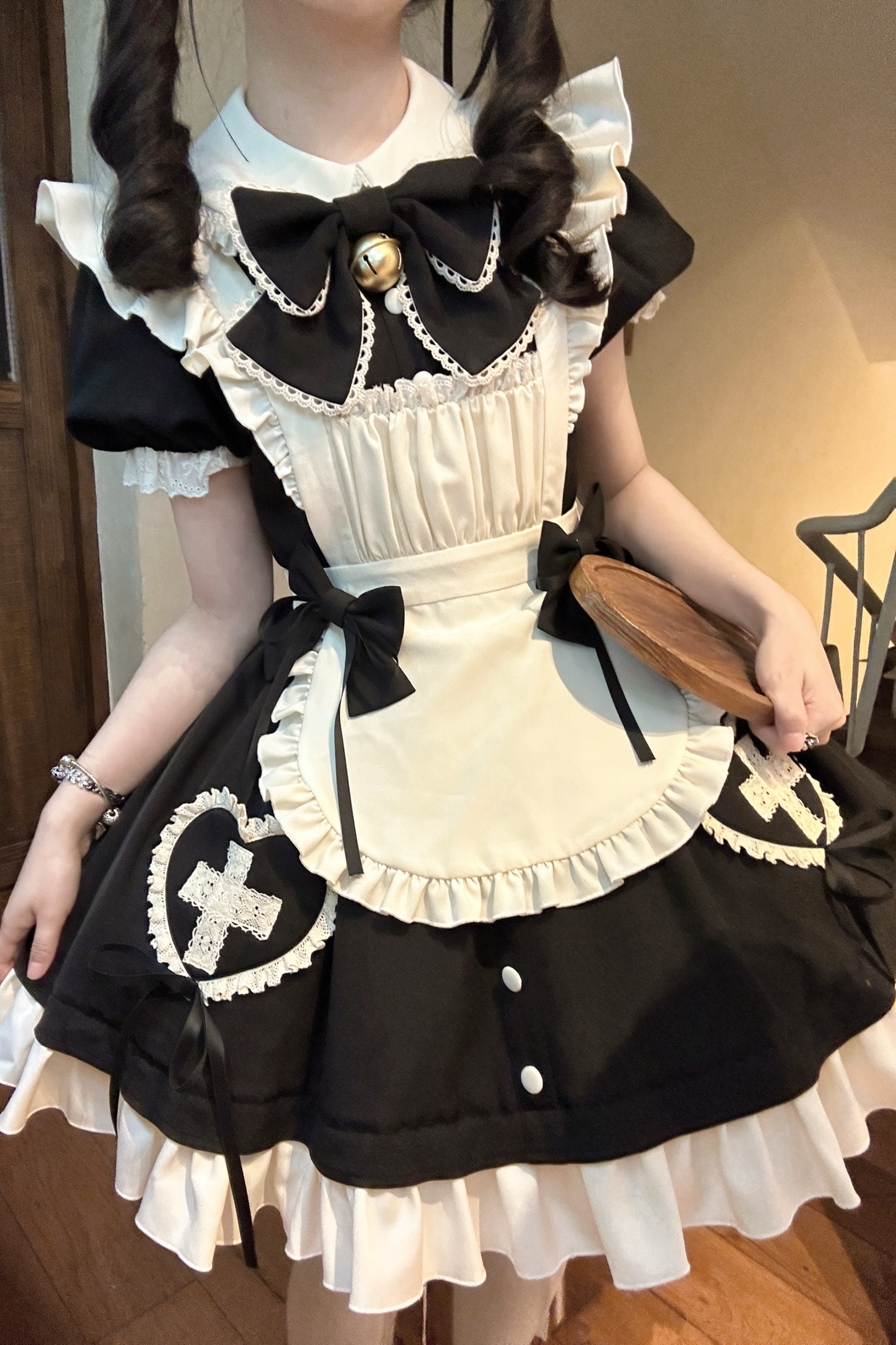 Herzschlag-Puppenmädchen-Lolita-Kleid + Schürze + Kopfbedeckung + Fliege