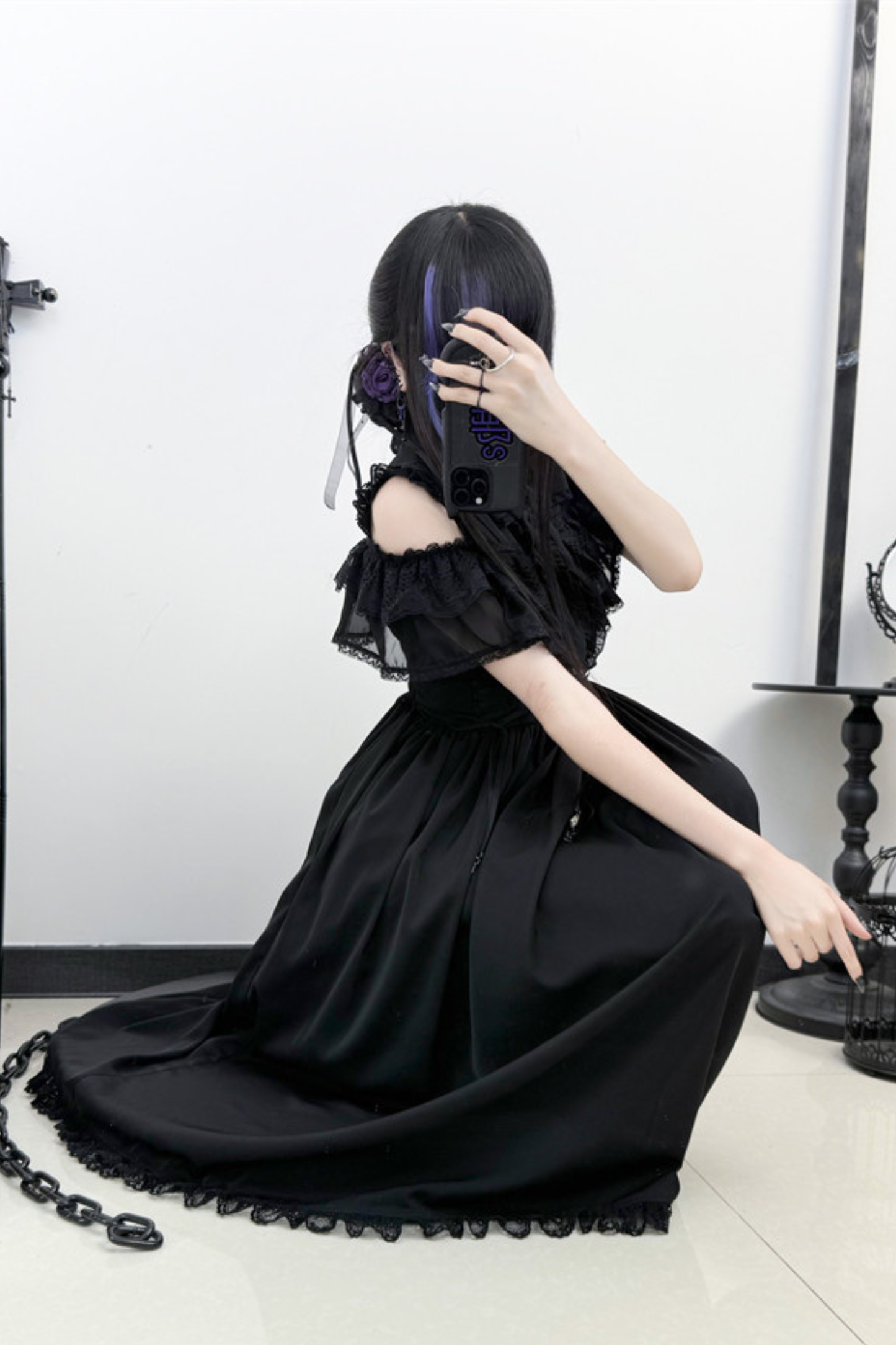 Dark Kawaii Schulterfreies Spitzenkleid