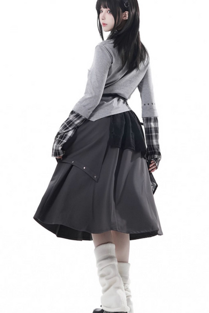 チェックデザイントップス+アシメトップス+パンツ+スカート+ベルト