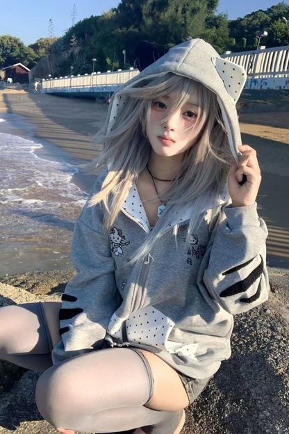 Cat Hood Dot Pocket Hoodie