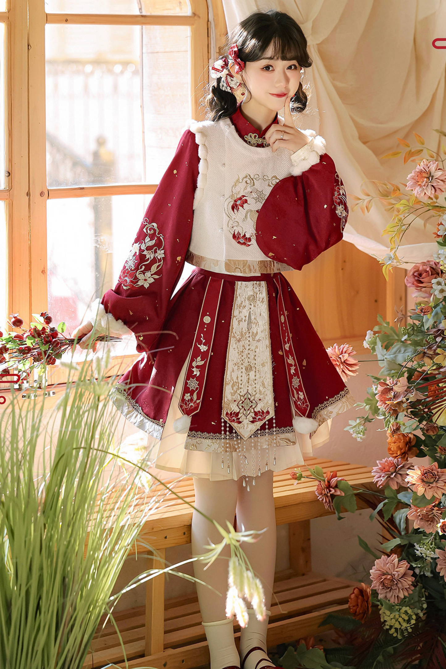 チャイナロリータレッドドレス+スカート+ベスト