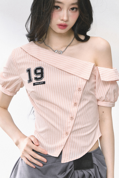 ワンショルダーロゴタイトトップス