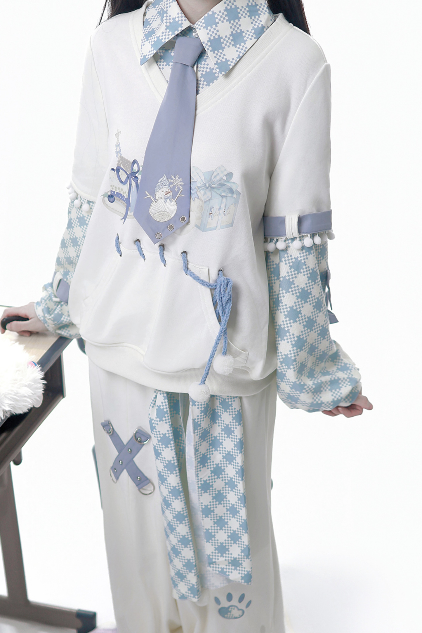 デジタルチェックトップス+ワイドパンツ+ベルト+ネクタイ