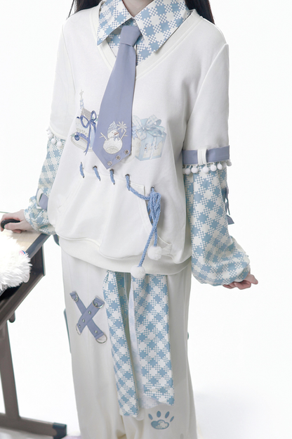 デジタルチェックトップス+ワイドパンツ+ベルト+ネクタイ