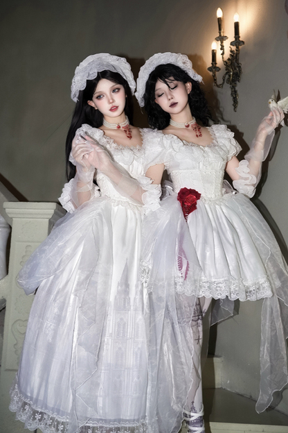 ゴシックツインズロリータドレス＋ハンドスリーブ＋ネックレス＋ヘッドバンド＋ベール＋コルセット＋取り外し可能カーテン＋コサージュ