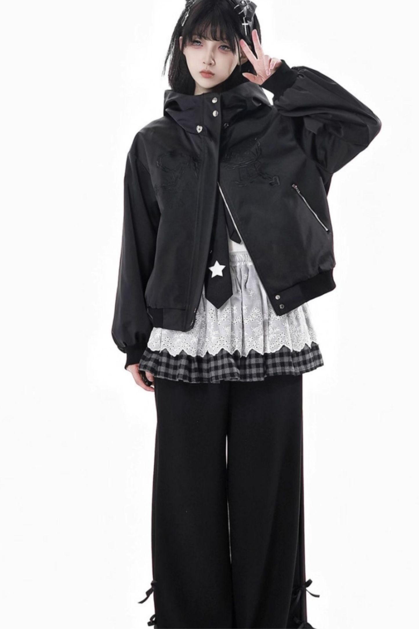 One-shoulder top + pants + hooded par jacket + skirt