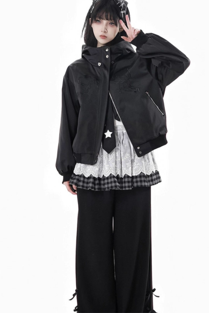 One-shoulder top + pants + hooded par jacket + skirt