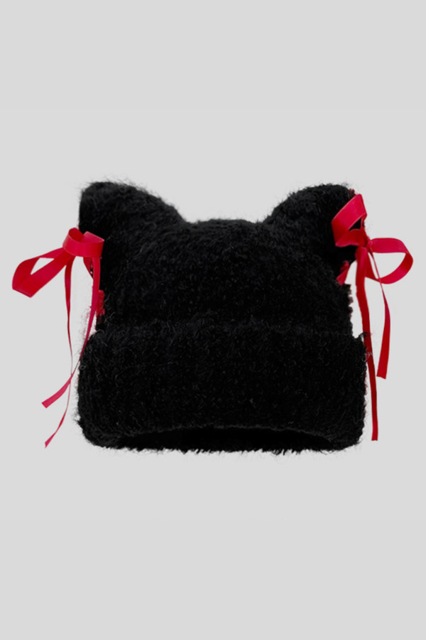 Plush Bow Ribbon Knit Hat