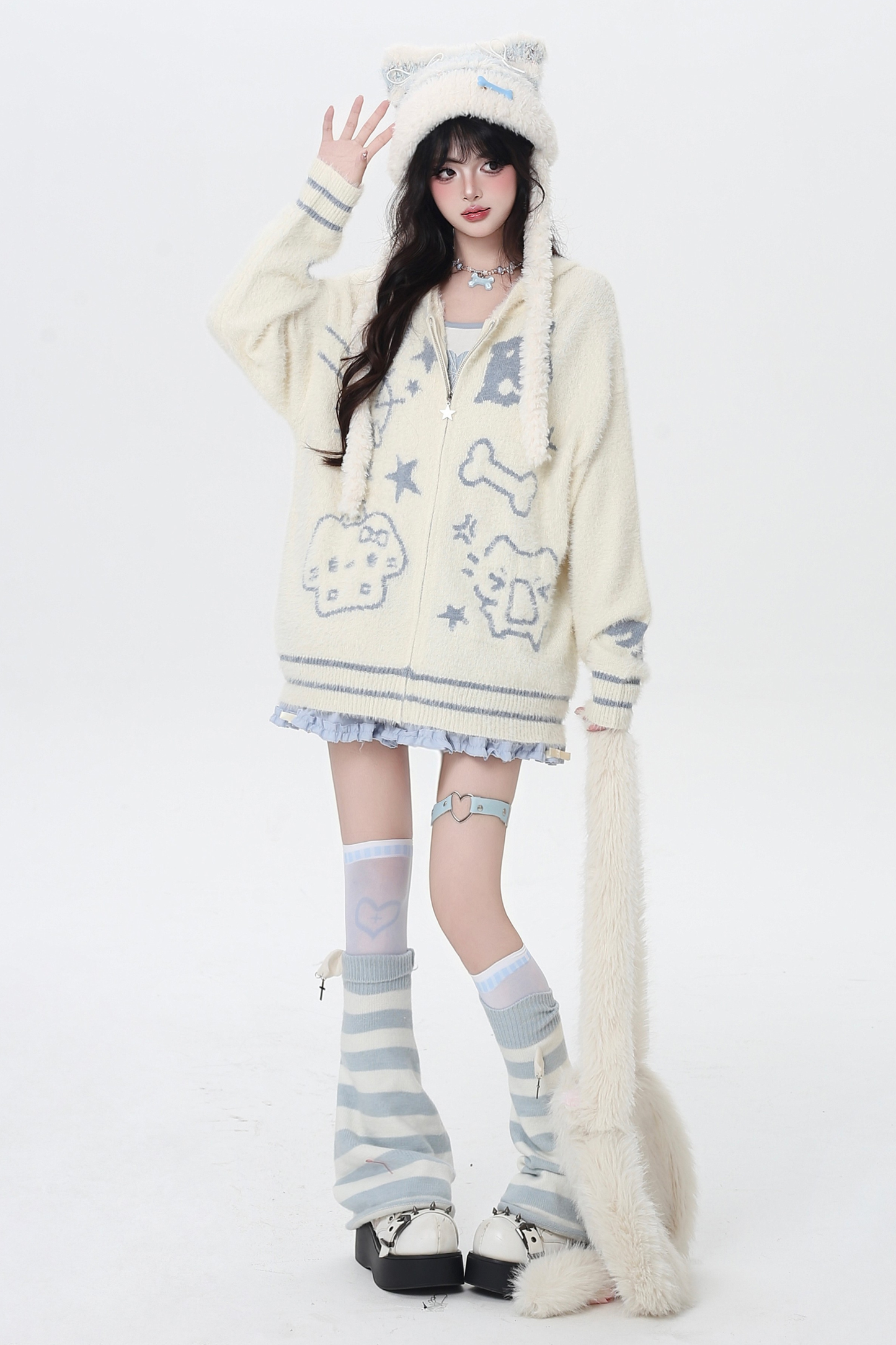 キャットジップフーセーターカーディガン