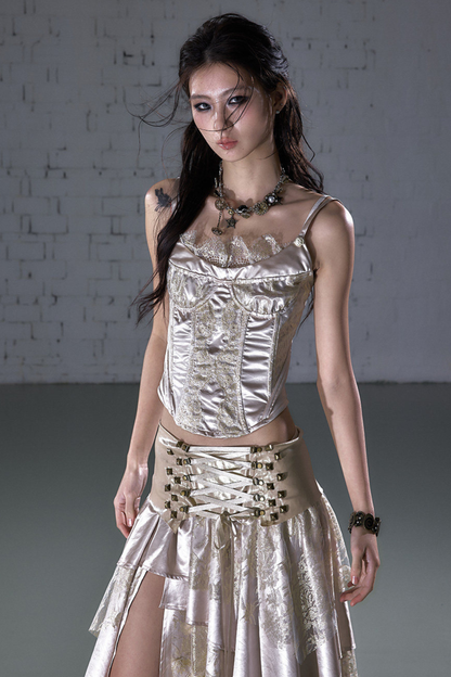 레트로 레이스 새틴 바스티에르 캐미솔