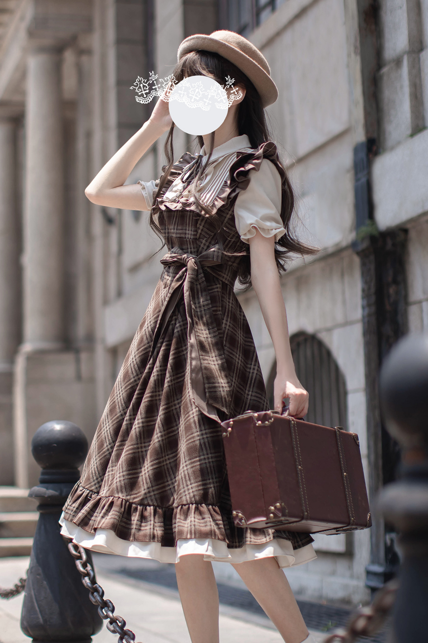 レトロチェックフレアワンピース＋リボンタイ
