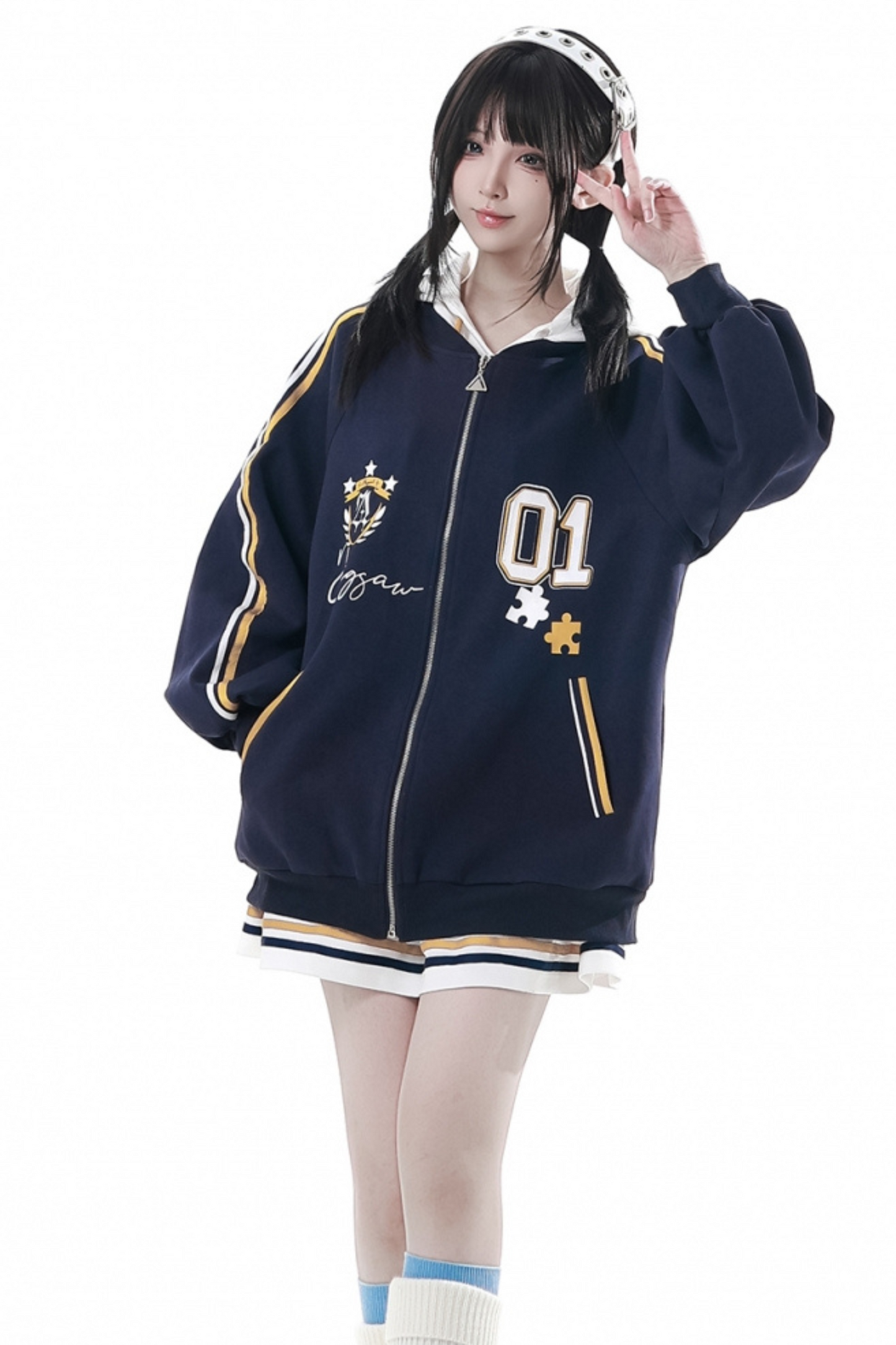 カレッジブルージャケット+フーディードレス+パンツ+スウェット