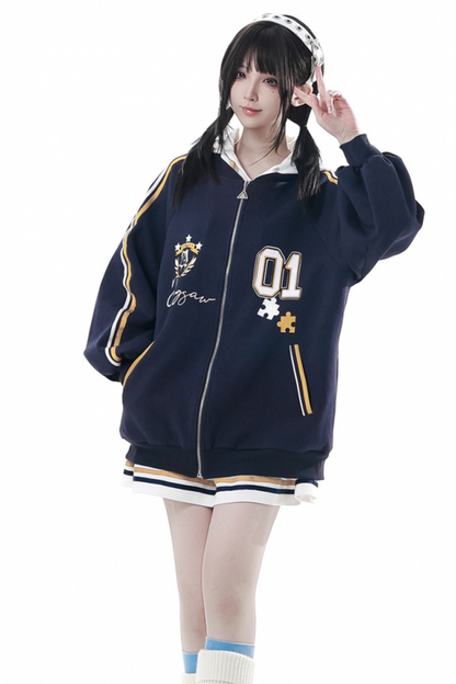 カレッジブルージャケット+フーディードレス+パンツ+スウェット