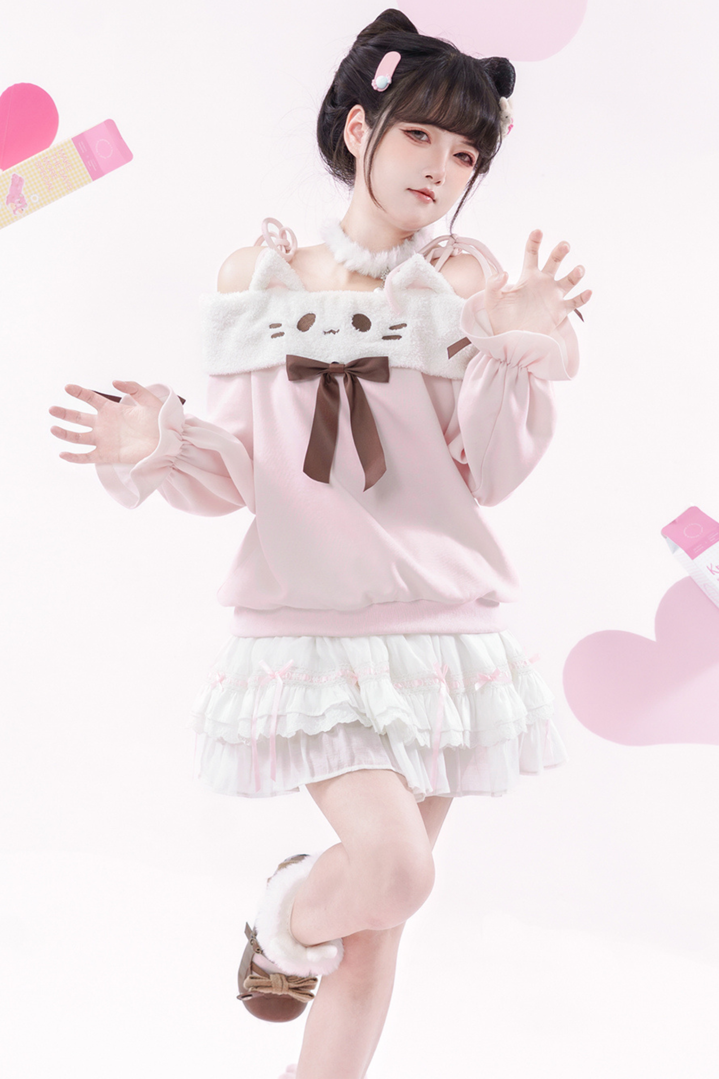 キャットオフショルダートップス+ケーキスカート