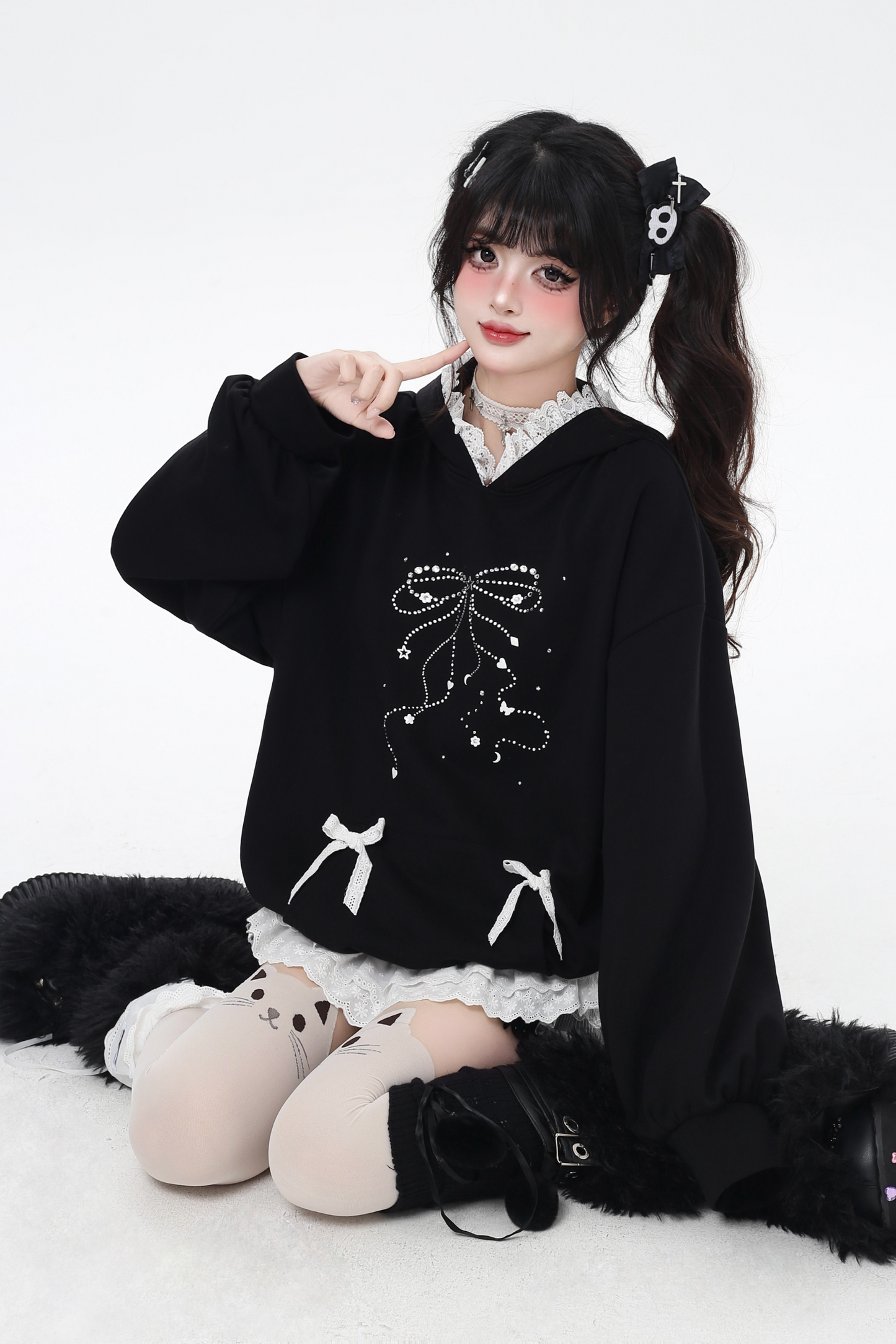 リボンデザインルーズフードスウェット