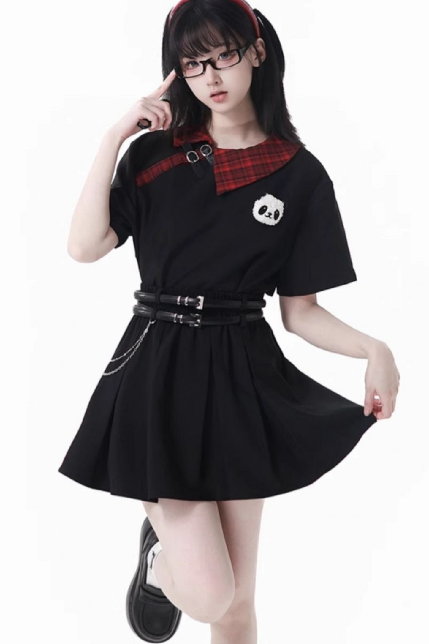 Love Comi Panda Checkered Dress + Pleated Skirt + Cropped Top