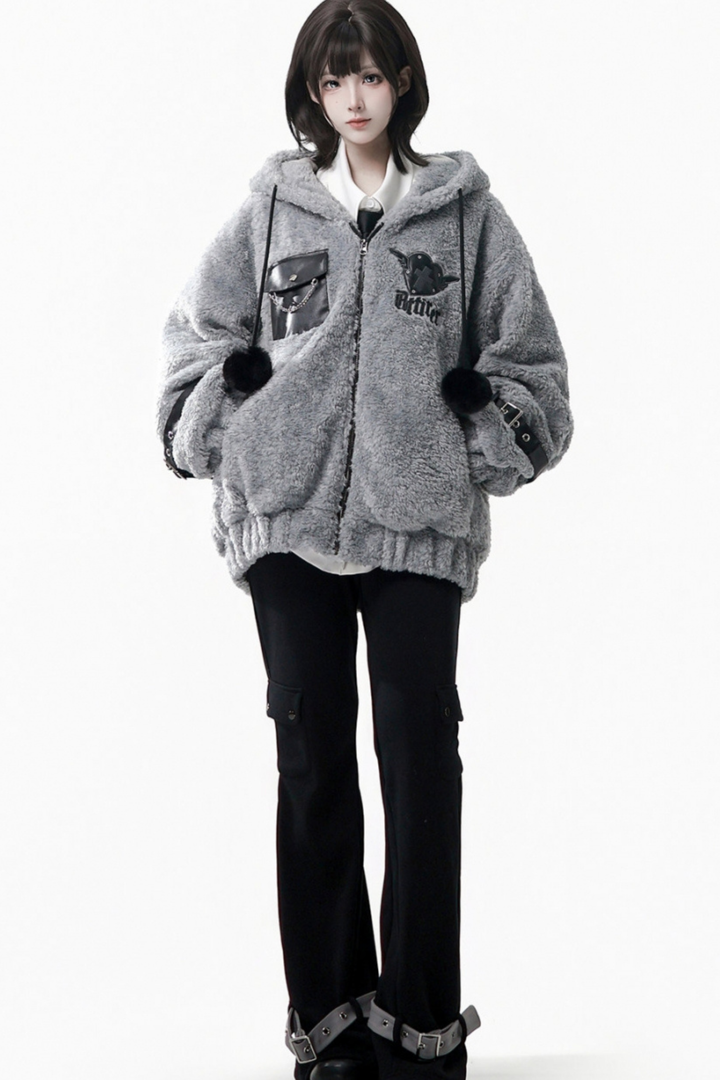 パッチワークファーフードコート+パンツ+シャツ+スカート+レッグカバー