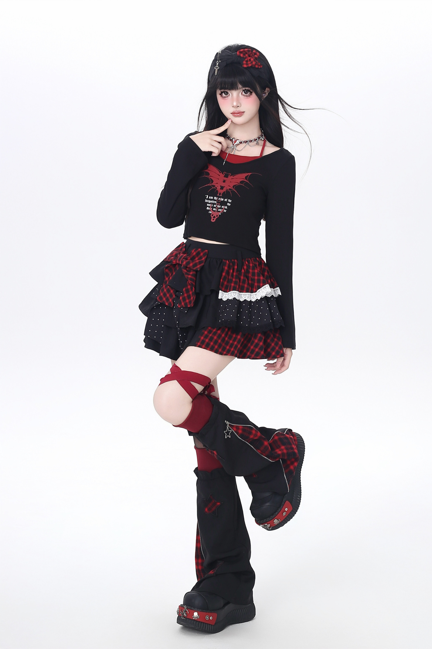 Plaid Dot Tiered Skirt