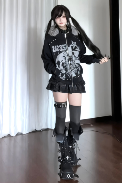 ファーカラーダークデザインフードパーカー