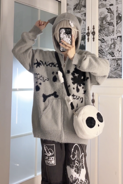 Cat Ear Hood Loose Zip Cardigan