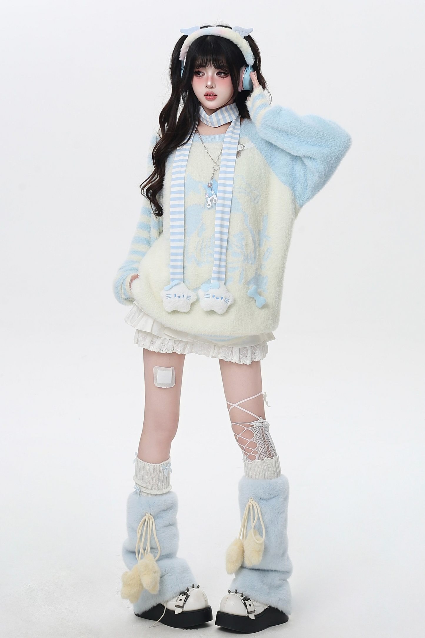 Hooded Loose Top with Striped Asymmetrical Ears