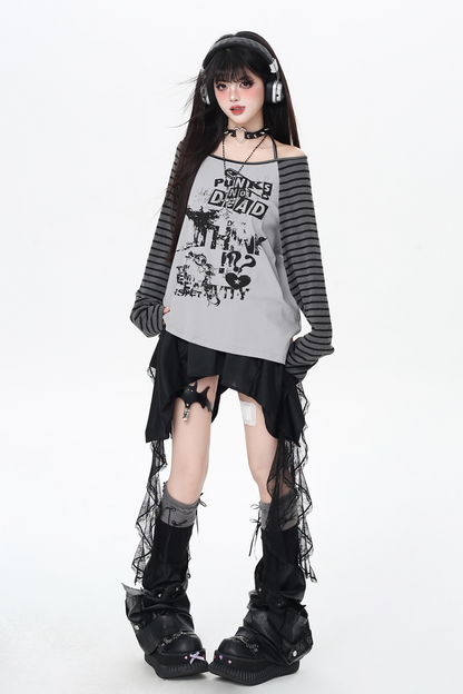 サブカルチャーストライプルーズトップス