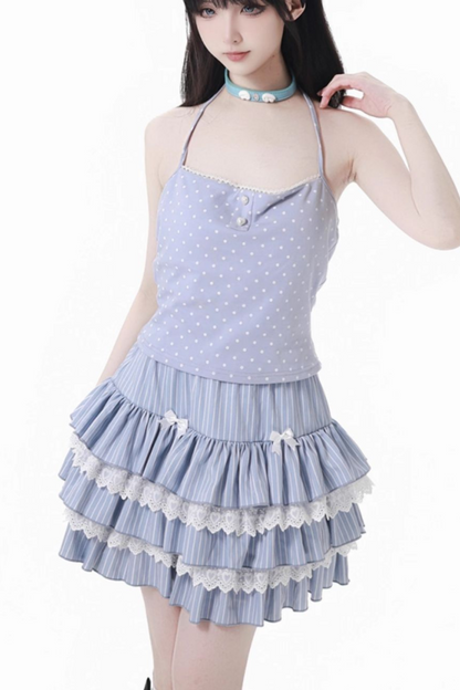 スモックサスペンダー+ドールカラートップス+ケーキスカート