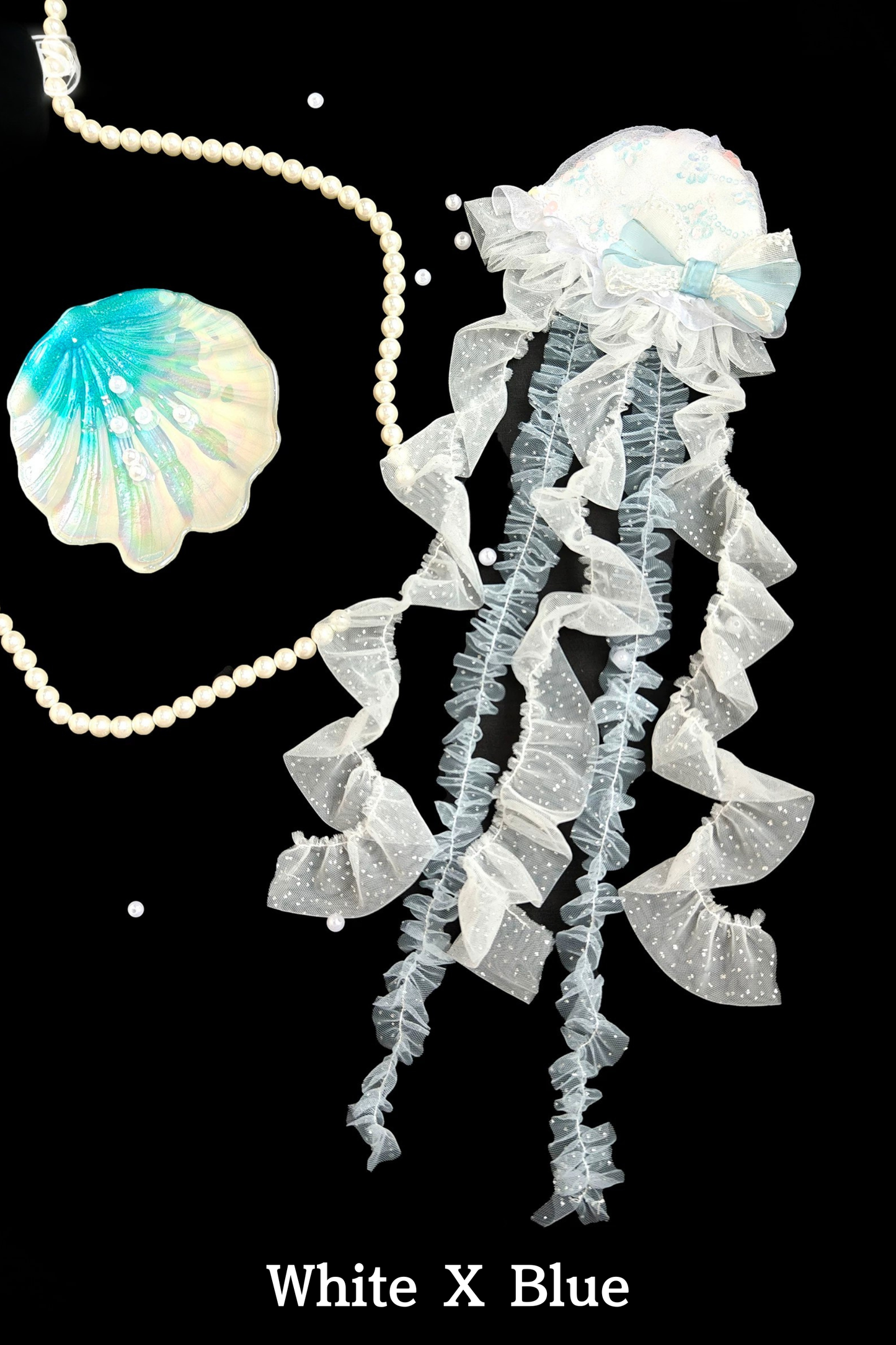 [Vorbestellfrist 1. August] Accessoires der Quallen-Fee-Serie in Blau/Weiß/Lila (muschelförmiger Kopfschmuck mit langer Schleppe, Quallen-Haarspange, Handgelenk-Manschetten, Perlen-Spitzen-Choker, Quallen-Kopfstück/Handaccessoire)