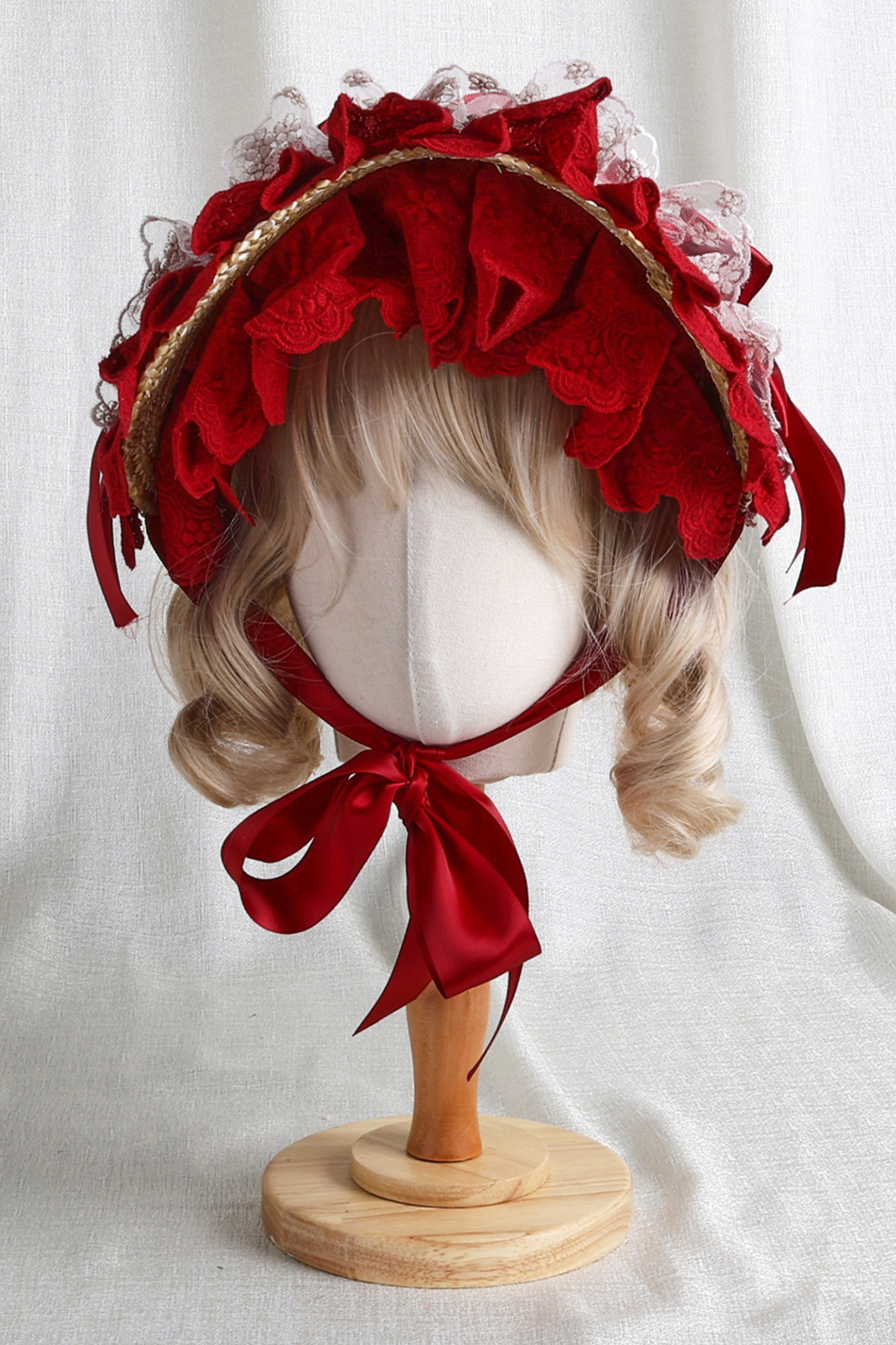 ローズレースロリータボンネット+ハット+ヘアバンド+クリップハット+クラウン