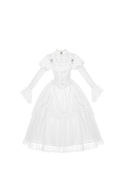 White gothic gemini Lolita dress + corset + ribbon + hair band + veil