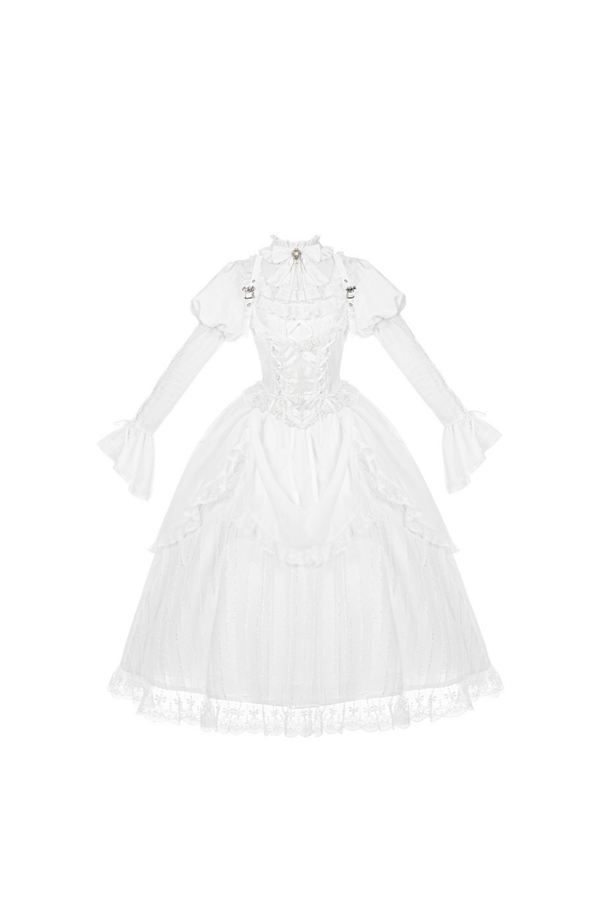 White gothic gemini Lolita dress + corset + ribbon + hair band + veil