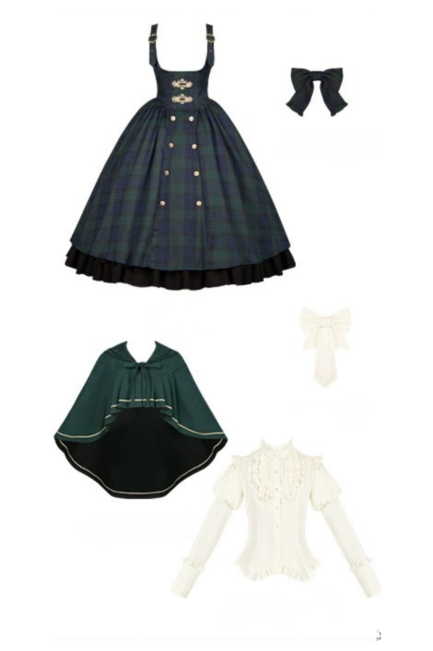 レトロカレッジスタイルチェックロリータスカート＋ジャケット＋マント＋ブラウス＋リボン＋ネックレス