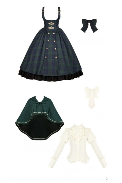 レトロカレッジスタイルチェックロリータスカート＋ジャケット＋マント＋ブラウス＋リボン＋ネックレス
