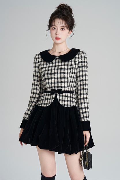 ベルベットモノクロチェックドレス