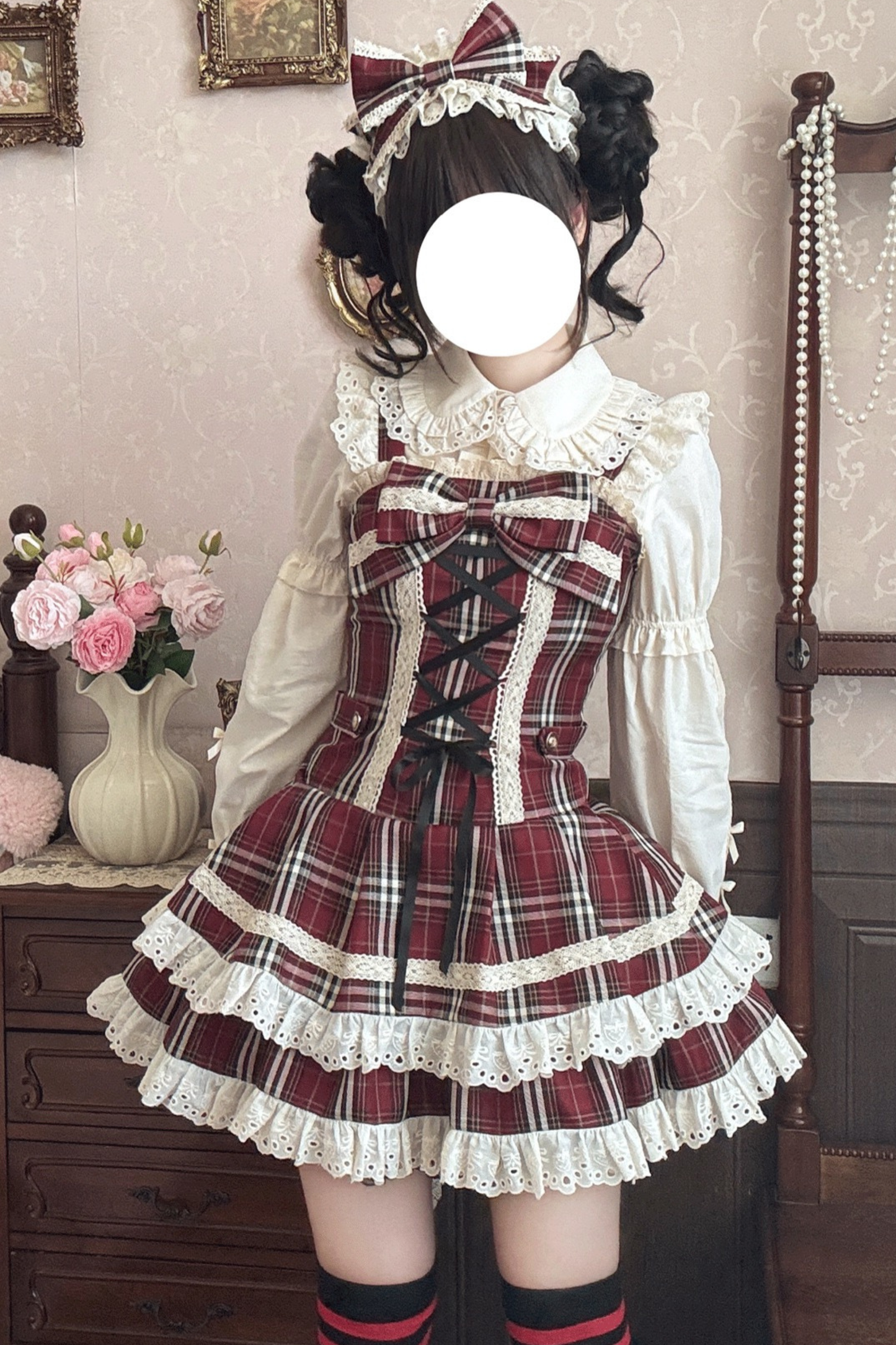 チェックレースアップロリータジャンパースカート+フリルブラウス