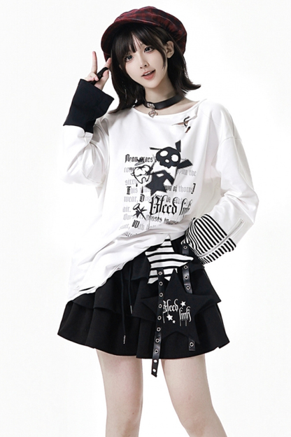 ストライプロックプリントフードジャケット+トップス+ロングパンツ+スカート