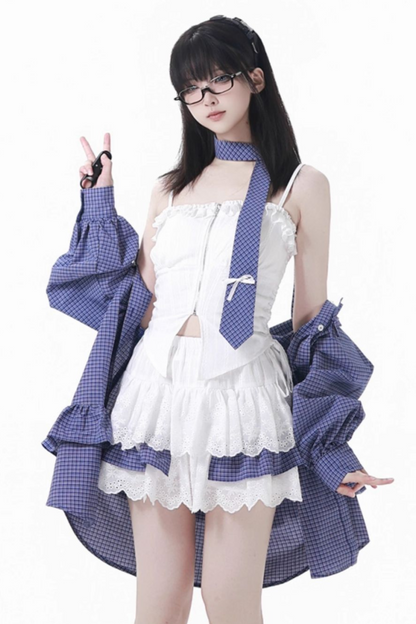 Check Tie Blouse Ursus Camisole + Skirt + Short Top