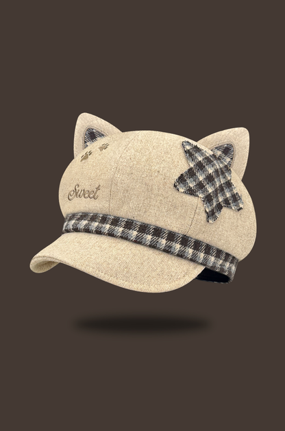 Plaid Star Cat Ear Octagonal Beret