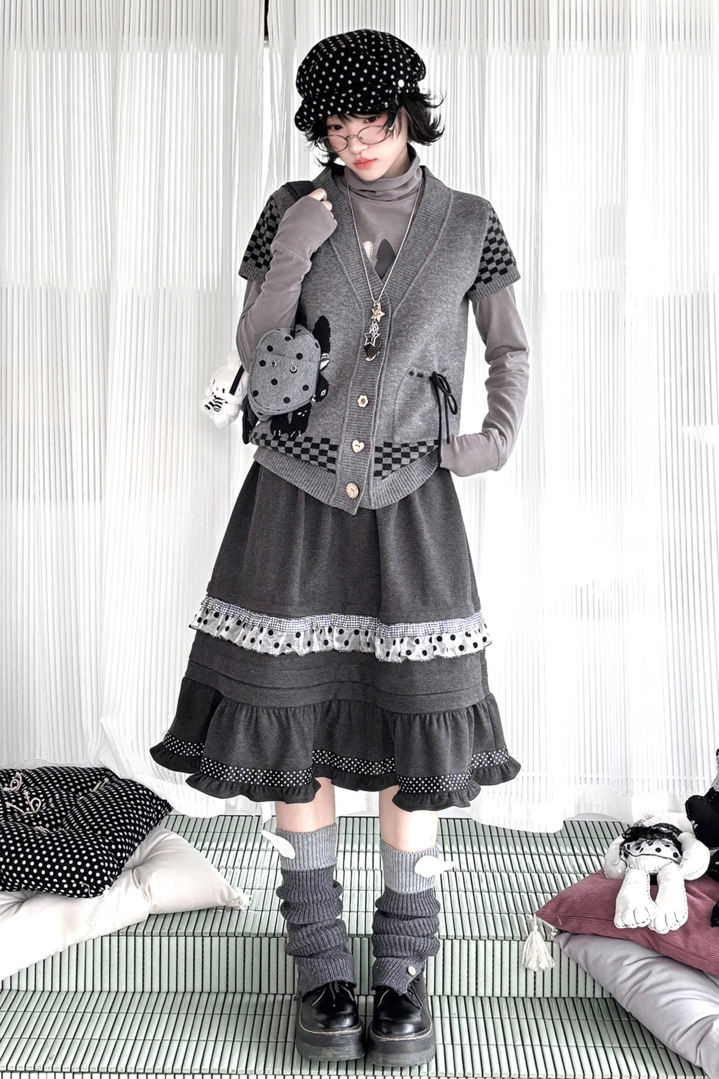 Dot Sleeve Y2K Top + Flare Skirt