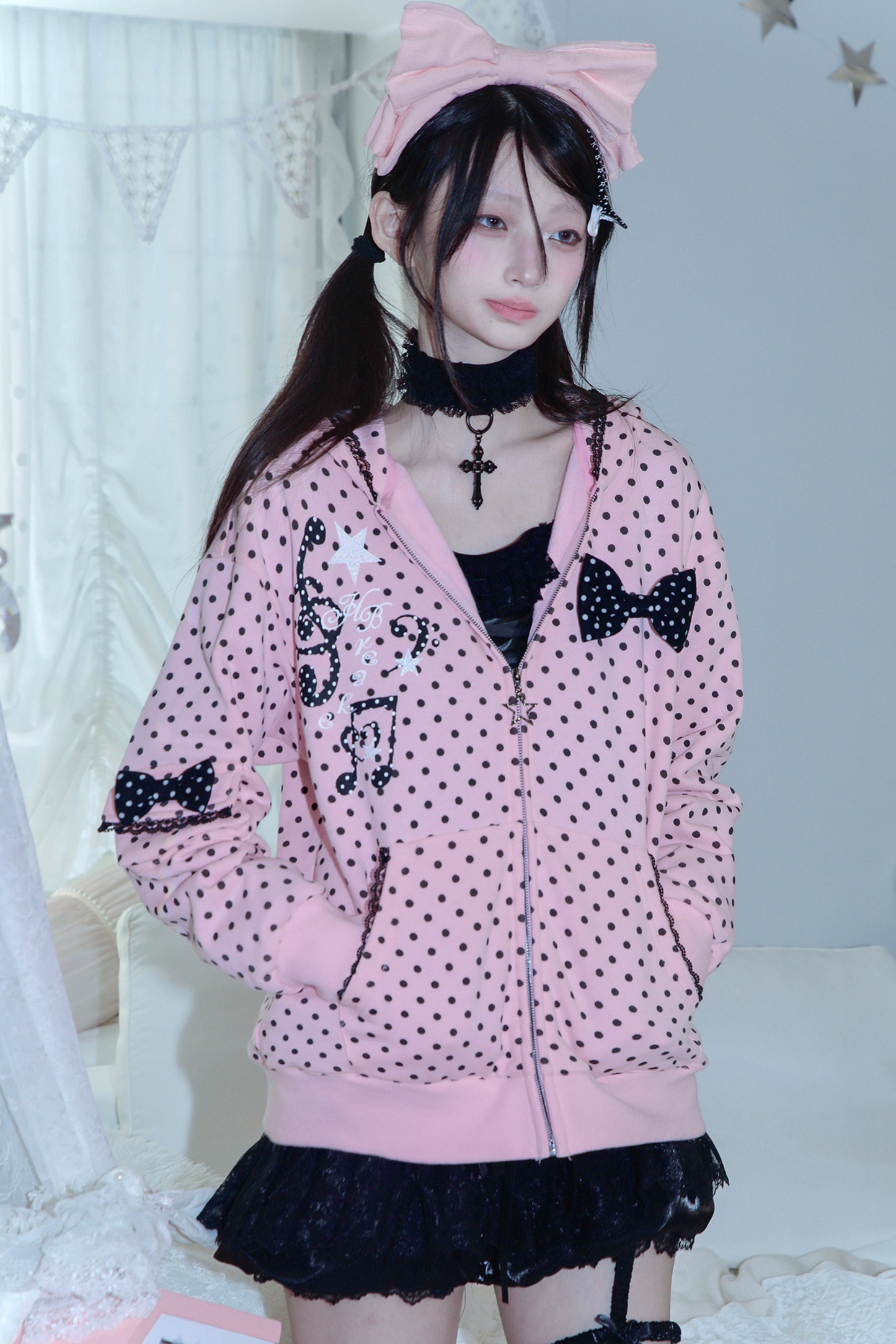 Y2Kガールドットバニーフードパーカー